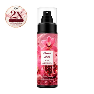 Fragrance mist spray bottle with black pump, pink floral and pomegranate label, 125 mL