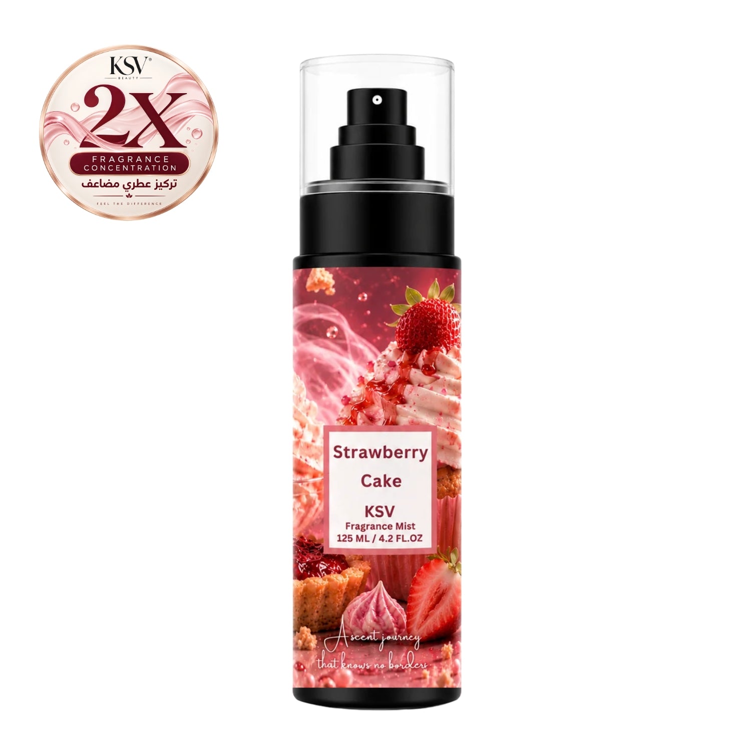 Strawberry cake fragrance mist bottle with black spray pump, 125 mL, pink label