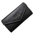 Dark leather bifold wallet with embossed logo; smooth front and textured side panel
