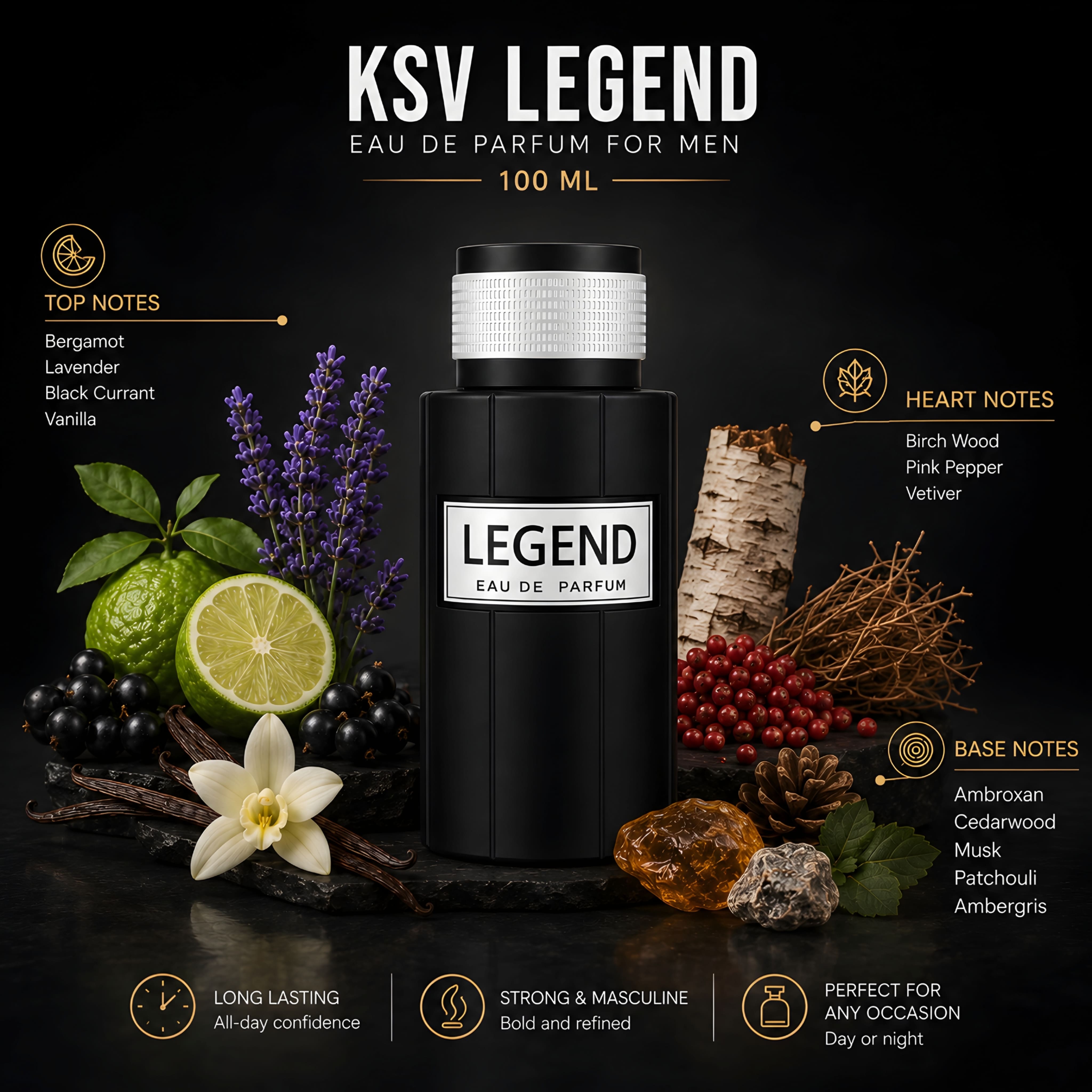 KSV Legend eau de parfum bottle, 100 ml, black body with white textured cap