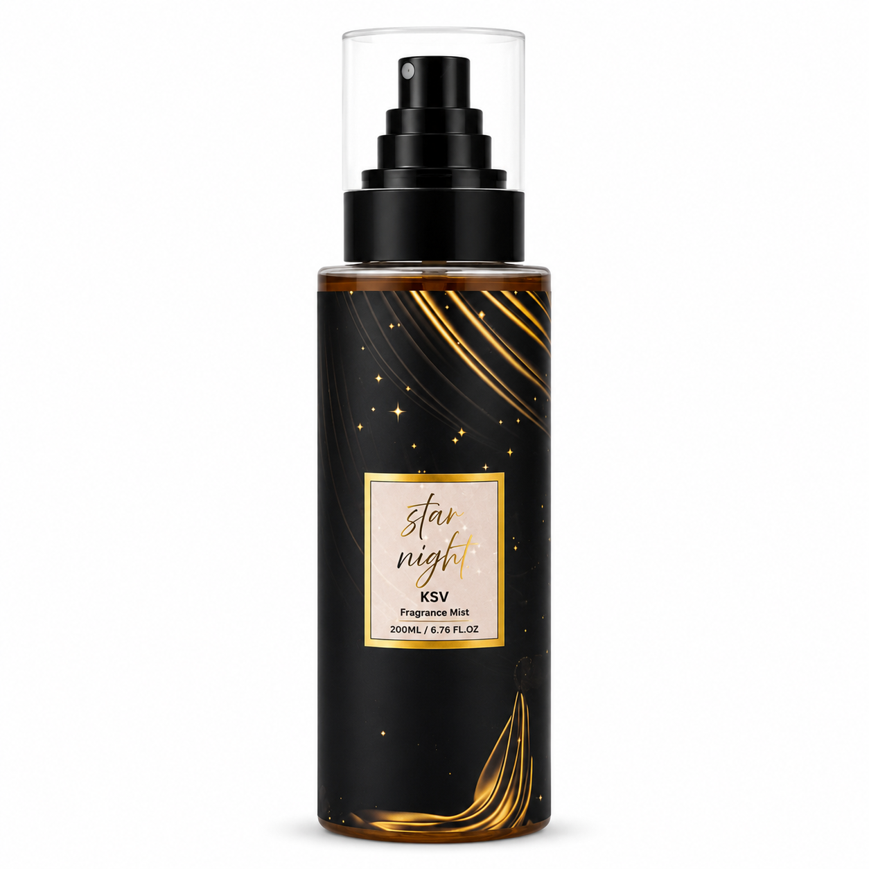 Star Night fragrance mist bottle with black pump and gold star label