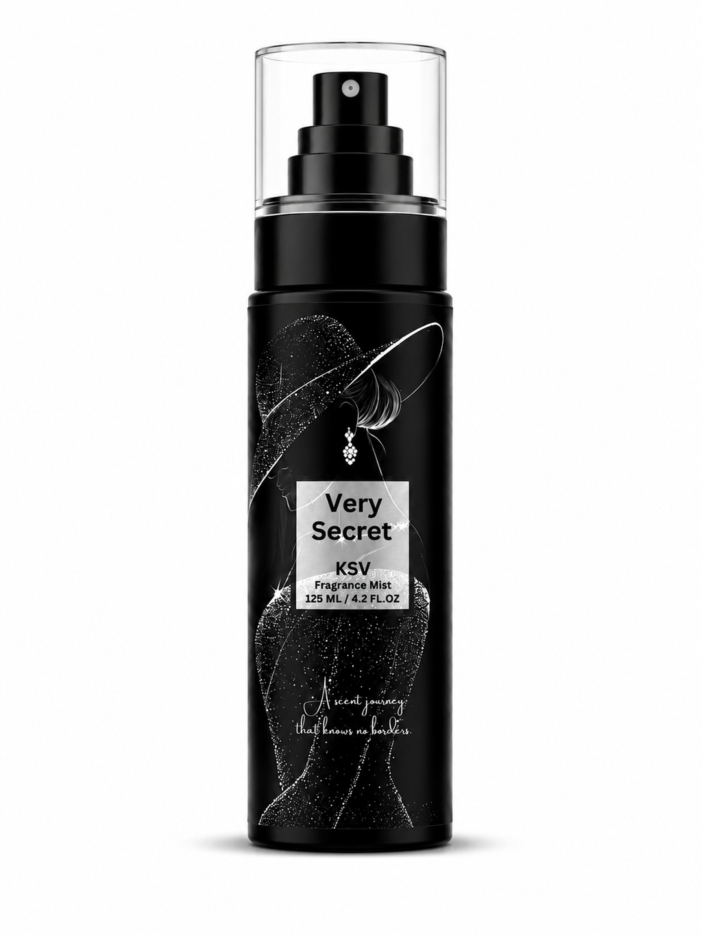 KSV Very Secret fragrance mist bottle with black spray pump, 125 mL