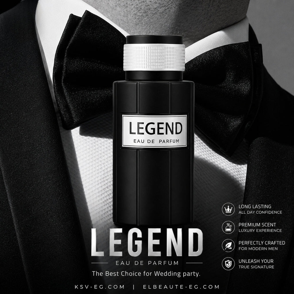 Eau de parfum bottle, black glass with white ribbed cap, label on front.