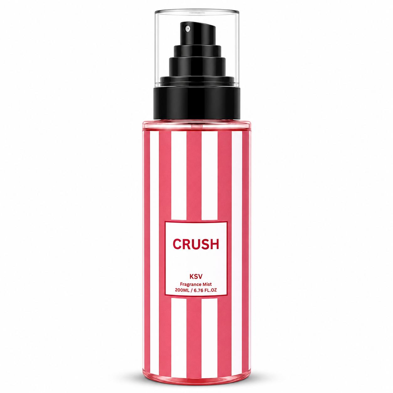 Fragrance mist bottle, pink striped glass with black pump and Crush label, 200ML
