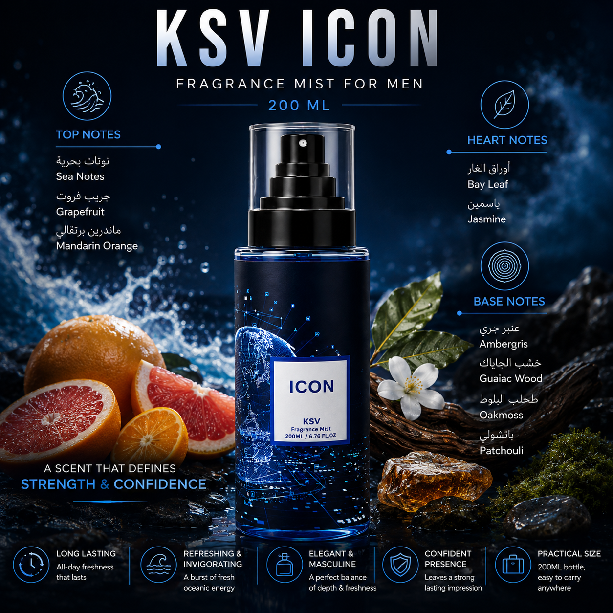 Men's fragrance mist bottle, dark blue glass with ICON label and 200 ml sprayer