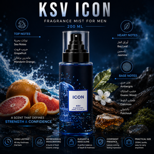 Men's fragrance mist bottle, dark blue glass with ICON label and 200 ml sprayer