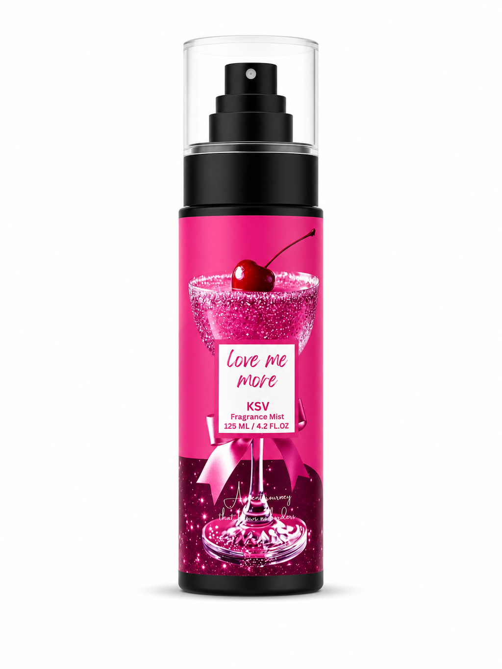 Pink fragrance mist bottle with black spray pump, 125 mL