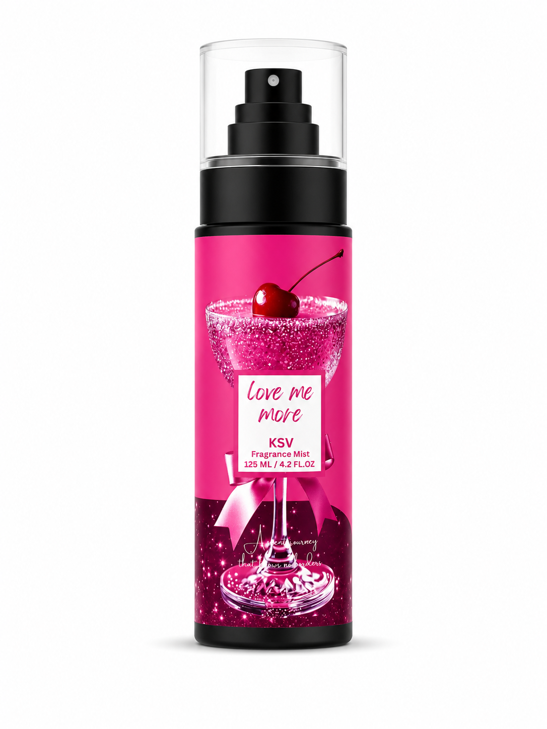 Pink fragrance mist bottle with black spray pump, 125 mL