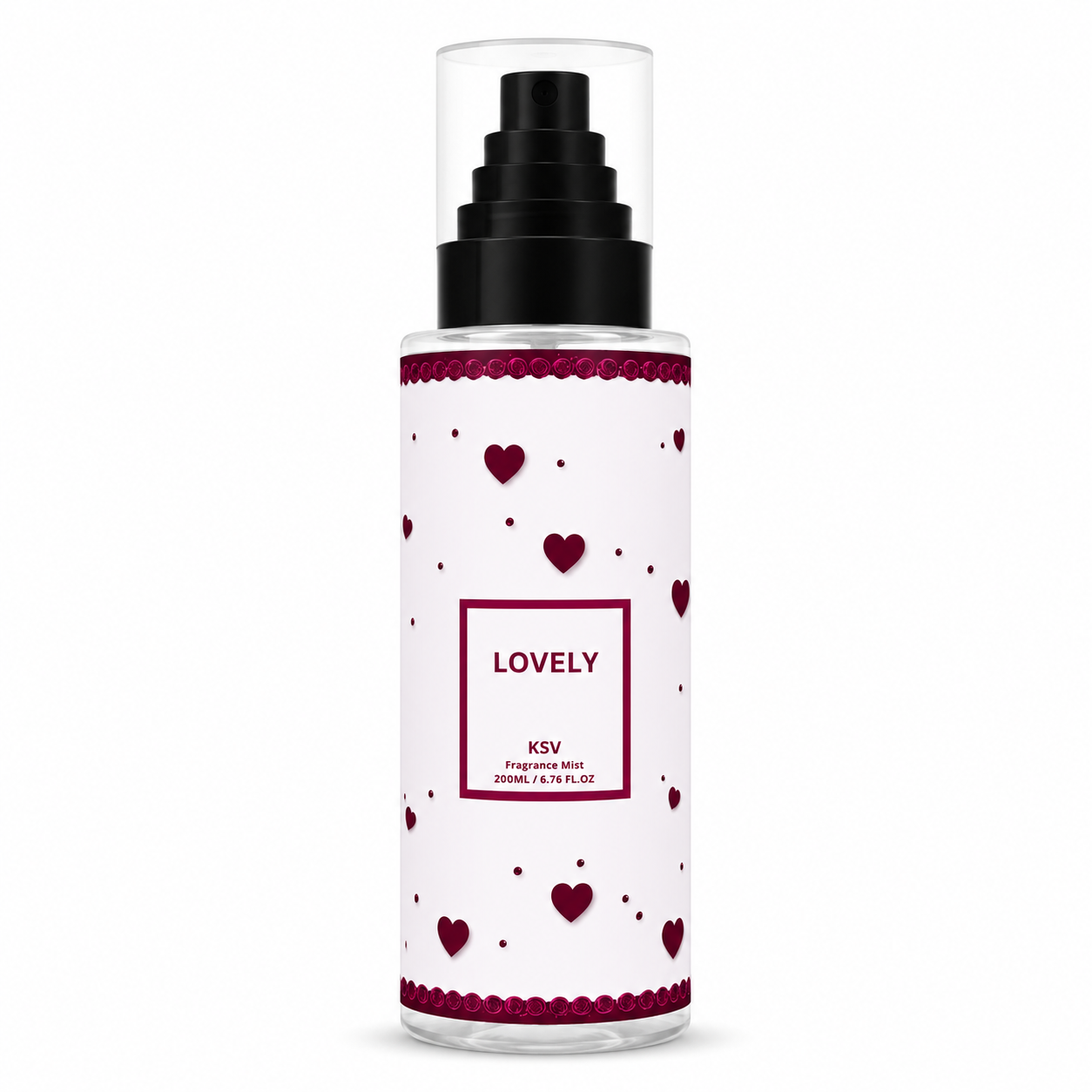 Fragrance mist bottle with pink heart pattern and black pump, 200 ml