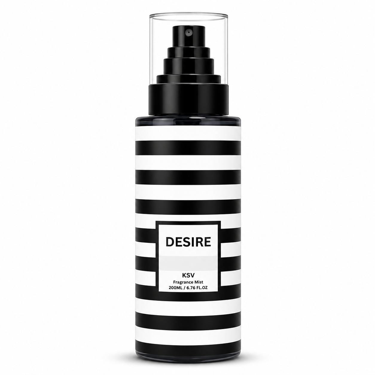 Fragrance mist bottle, black striped design with DESIRE label and KSV 200ML