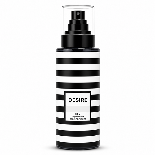 Fragrance mist bottle, black striped design with DESIRE label and KSV 200ML