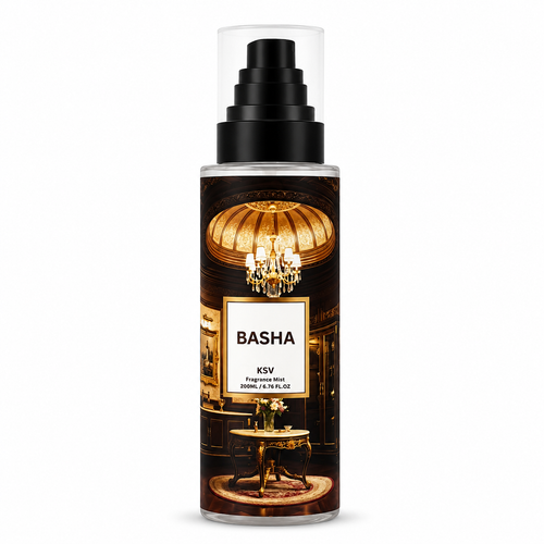 KSV Basha men’s fragrance mist bottle, 200 ml, black pump and amber glass.